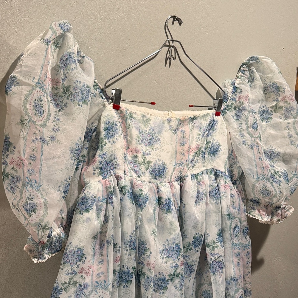 Selkie La Belle Etoile French Puff Sleeve Mini Dress in Soft Blue White Sheer - Picture 3 of 16